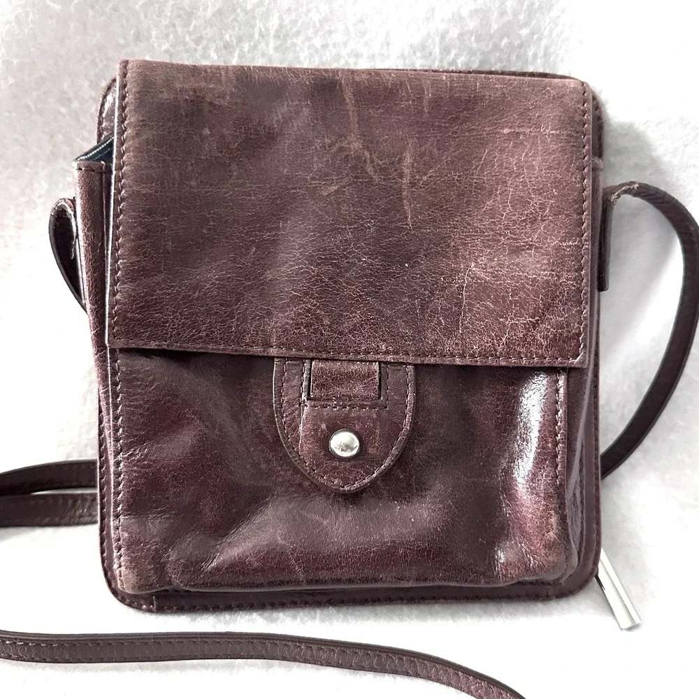 Vintage‎ Coldwater Creek Glazed Mini Leather Organizer Crossbody Brown Pouch Y2K